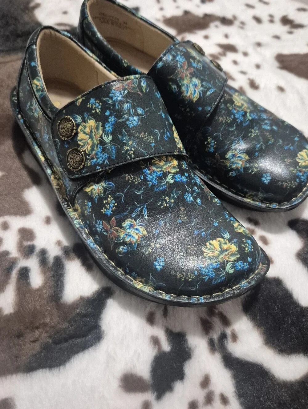 Alegria Black Floral Slip-On Loafers with Yellow & Blue Accents Shoes..Size:38